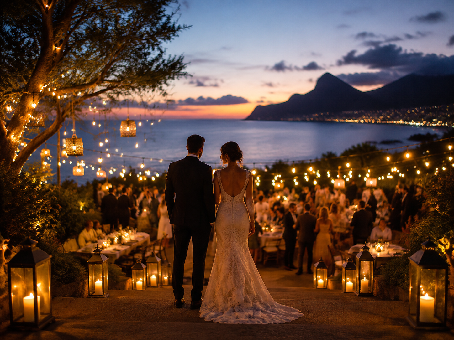Newlyweds looking out over an outdoor wedding reception at twilight